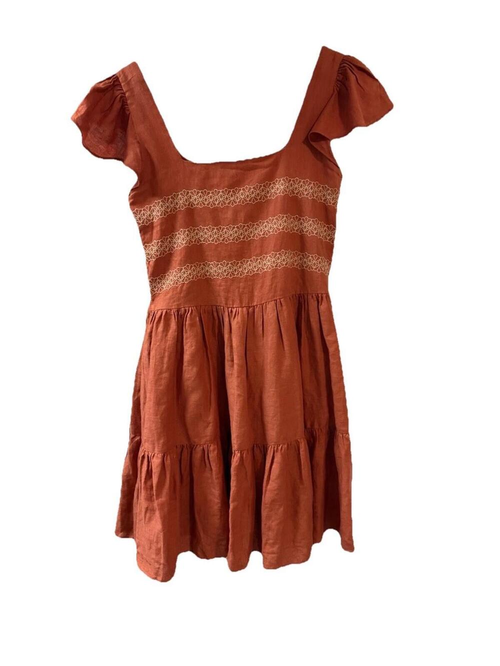 Abito 100% Linen Dress Rust Orange With Embroidery Size Medium